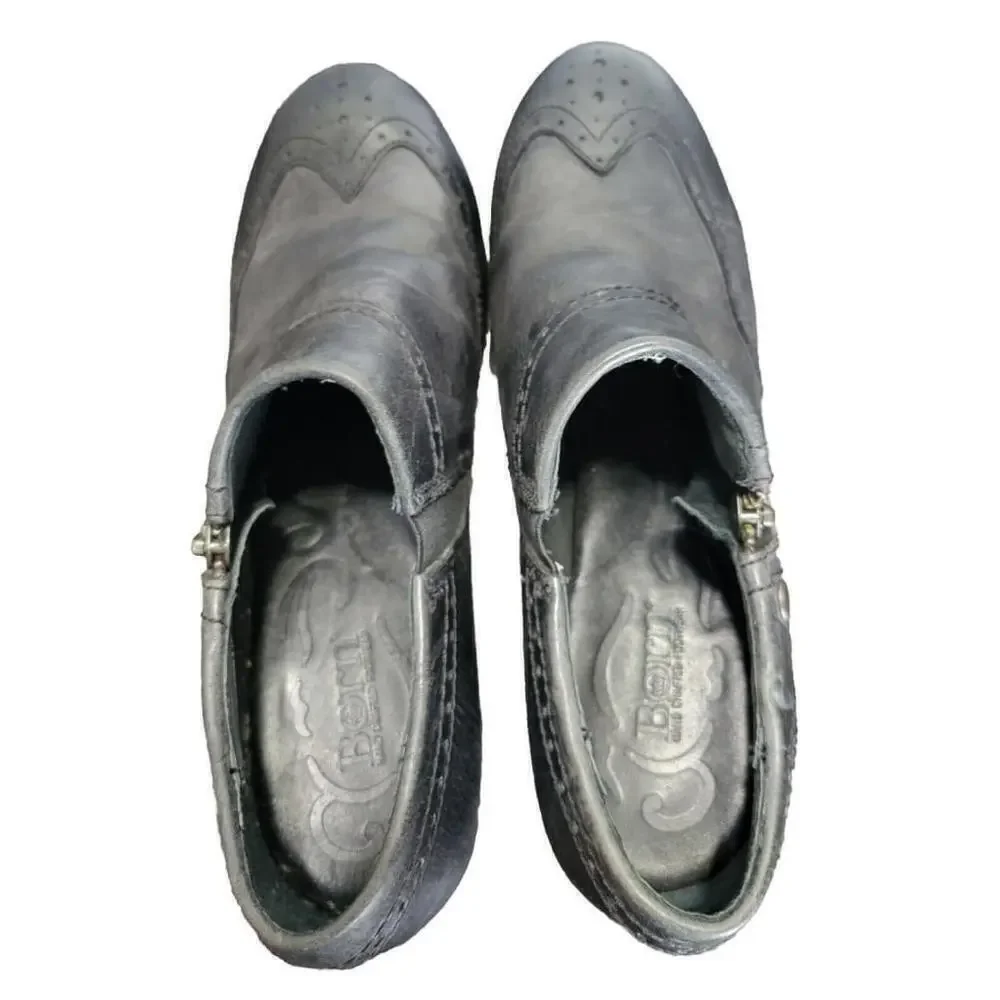 Born Ankle Boots Womens 7.5 Black Sia Wingtip Zip Almond Toe Block Leather